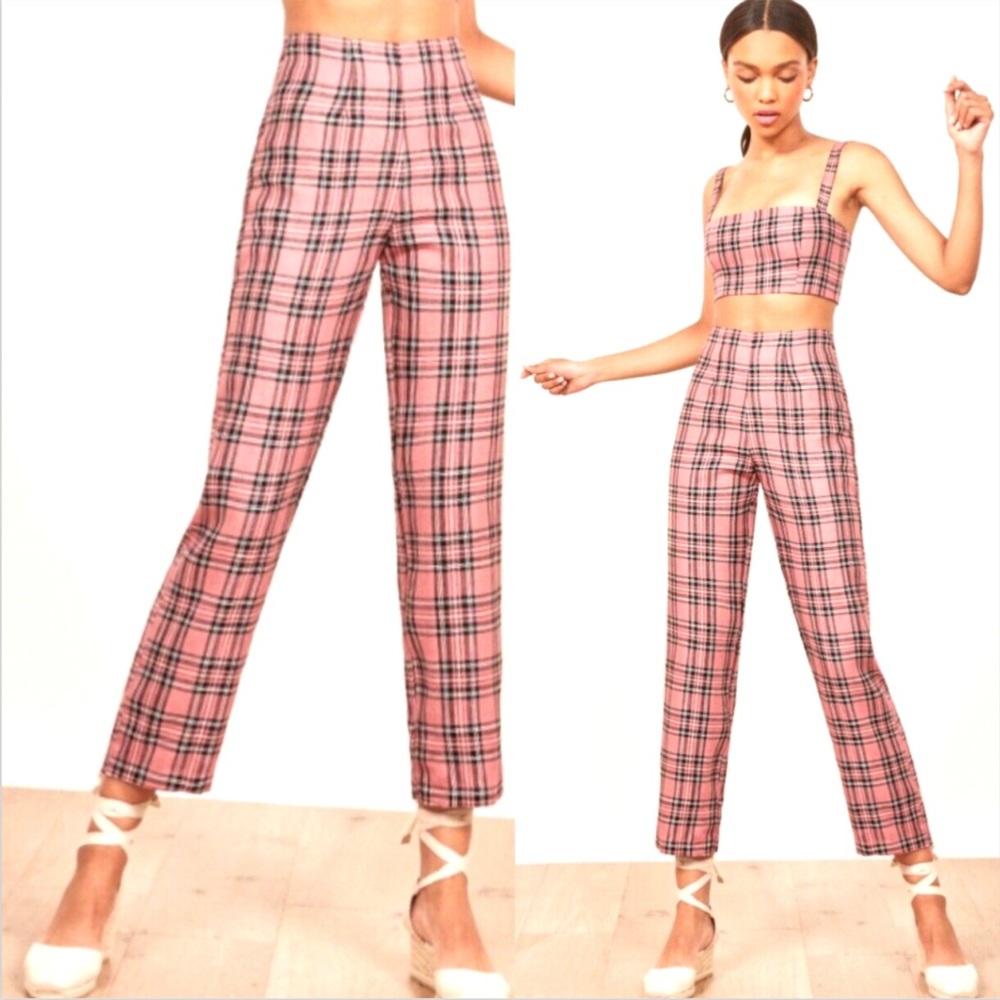 REFORMATION Noble Pants Pink Plaid Linen Trousers Check Slim Straight Wide Leg 0